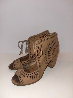Women's Taupe Cutout Lace-Up Block Heel Sandals